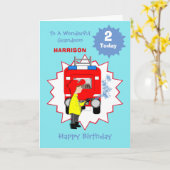 子ども向け漫画の消防車「かわいい誕生日」 カード (黄色い花)