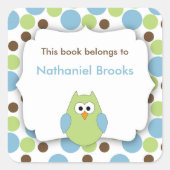 子ども用の緑と青のフクロウ蔵書票 スクエアシール (正面)