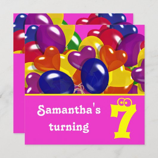 子ども用パーティーバルーン「ホットピンク」「任意の年齢」 招待状 (正面/裏面)