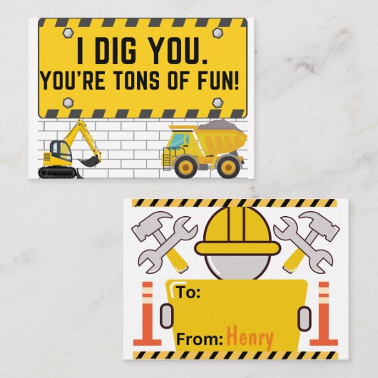 子ども用建設バレンタインカード「君のこと掘り下げて好き！」 ノートカード (正面/裏面)