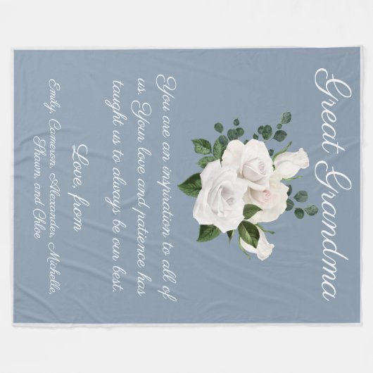 子ども素晴らしのメッセージ白バラ フリースブランケット (正面(横))