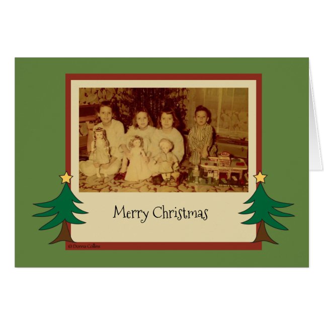 子ども連れのオールドファッションクリスマスデイカード (正面横)