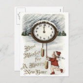 子ども雪の冬の時計の新年 シーズンポストカード (正面/裏面)