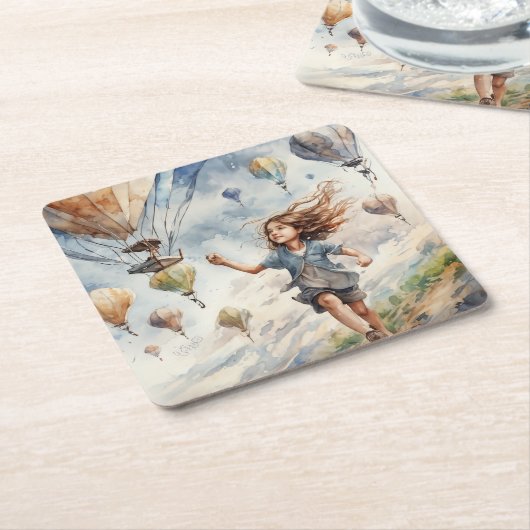 子ども飛んでいるの凧 スクエアペーパーコースター (アングル)