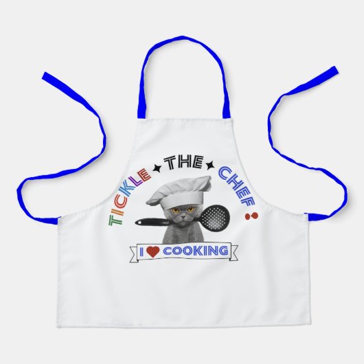 子ども「シェフをくすぐる」猫エプロンおもしろいブルーレター エプロン (正面)