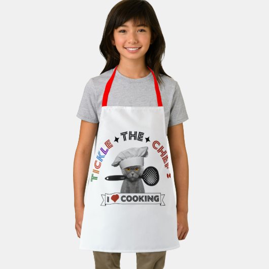 子ども「シェフをくすぐる」猫エプロンおもしろいレッド文字 エプロン (インサイチュ)