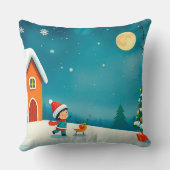 子ども、トナカイ、クリスマスツリーと冬のシーン クッション (裏面)