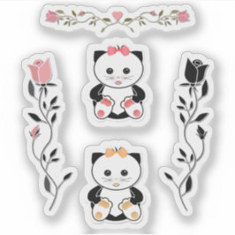 子ども、小さな子猫、猫、ピンク、黒 シール