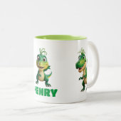 子どパーソナライズされたもかわいい緑のアニメ恐竜マグカップ ツートーンマグカップ (正面右)