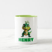 子どパーソナライズされたもかわいい緑のアニメ恐竜マグカップ ツートーンマグカップ (中央)