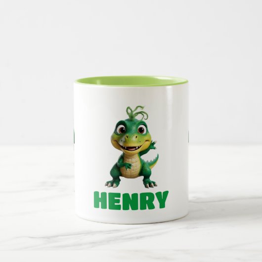 子どパーソナライズされたもかわいい緑のアニメ恐竜マグカップ ツートーンマグカップ (中央)