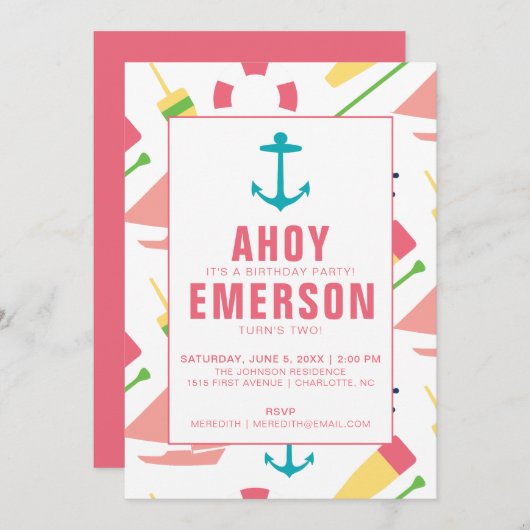 子ど名門私立校風のもの誕生日パーティーガール 招待状 (正面/裏面)