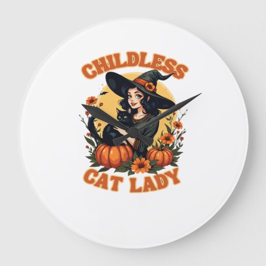 子なし猫女魔女 - ユニークな黒猫魔女 ラージ壁時計 (正面)