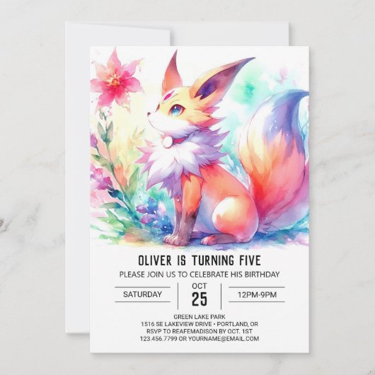 子よくはしゃぐキツネ誕生日 招待状 (正面)