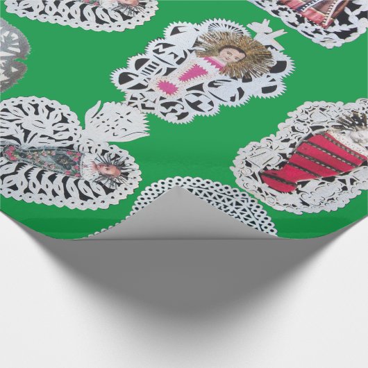 子イエス，アンティーククリスマス紙彫刻，緑 ラッピングペーパー (角)