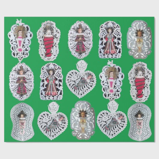 子イエス，アンティーククリスマス紙彫刻，緑 ラッピングペーパー (フラット)