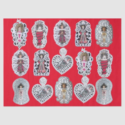 子イエス，アンティーククリスマス紙彫刻，赤 薄葉紙 (正面)