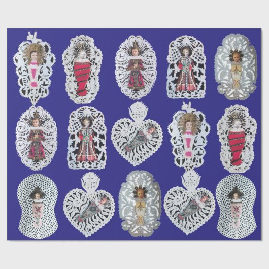 子イエス，アンティーククリスマス紙彫刻，青 ラッピングペーパー (フラット)