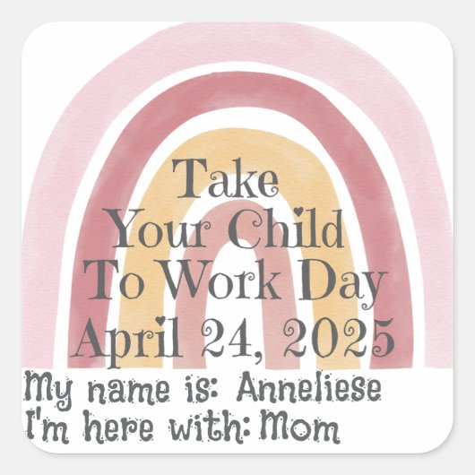 子カスタム供を連れて働くピンクのレインボー スクエアシール (正面)