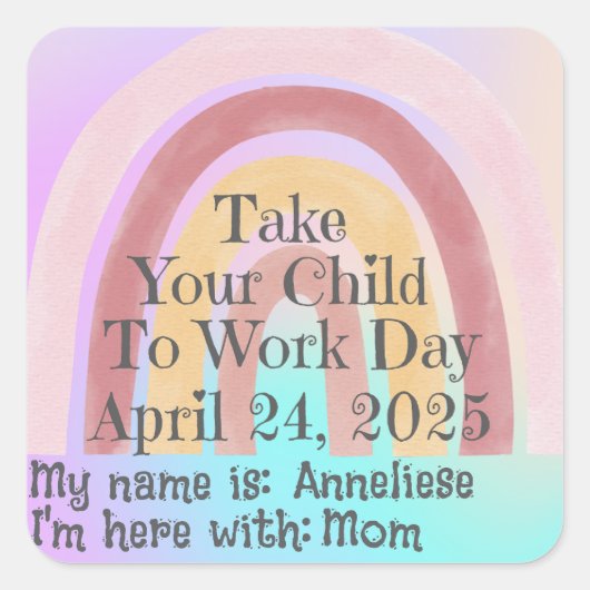 子カスタム供を連れて働くピンクのレインボー スクエアシール (正面)