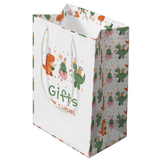 子カラフルどもっぽい恐竜子供の誕生日 ミディアムペーパーバッグ (裏面アングル)