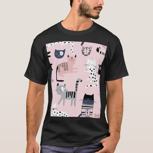 子カラフル猫：子供っぽいピンクヴィンテージ Tシャツ (正面)