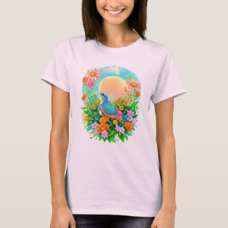 子ガメの日の出と野生の花の庭 水彩画 Tシャツ