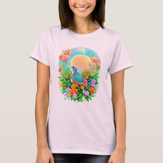 子ガメの日の出と野生の花の庭 水彩画 Tシャツ (正面)