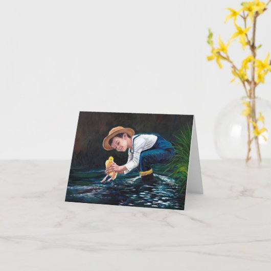 子ガモの芸術のメッセージカードを持つ男の子 カード (黄色い花)