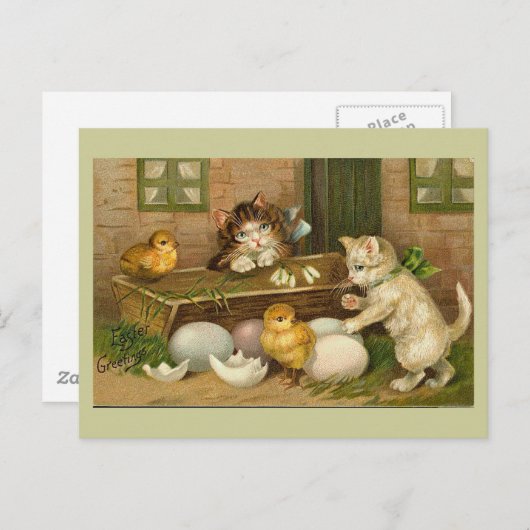 子ネコおよびひよこのヴィンテージのイースター挨拶 シーズンポストカード (正面/裏面)
