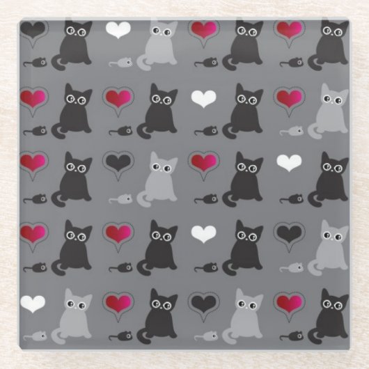 子ネコおよびネズミパターン ガラスコースター (正面)