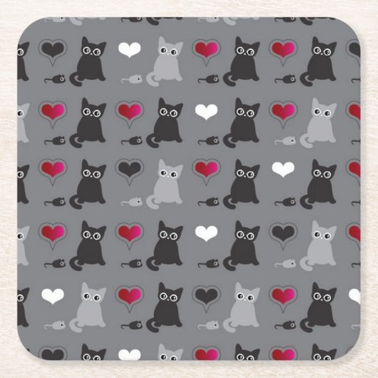 子ネコおよびネズミパターン スクエアペーパーコースター (正面)