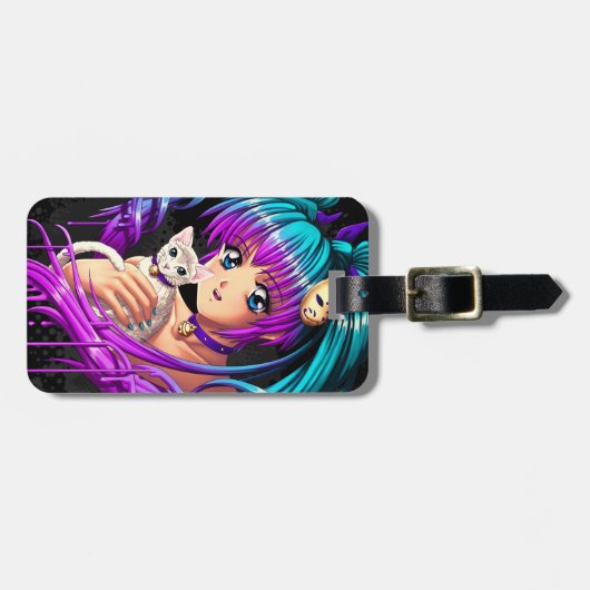 子ネコおよびピグテールのマンガの女の子 ラゲッジタグ (正面横)