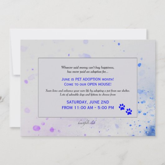 子ネコおよび子犬の採用の中心の発表 招待状 (裏面)