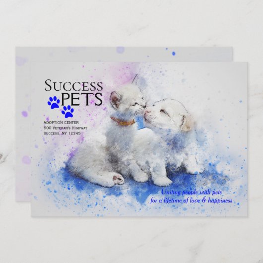 子ネコおよび子犬の採用の中心の発表 招待状 (正面/裏面)