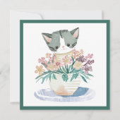 子ネコが花のポットに座って母の日の猫 カード (正面)