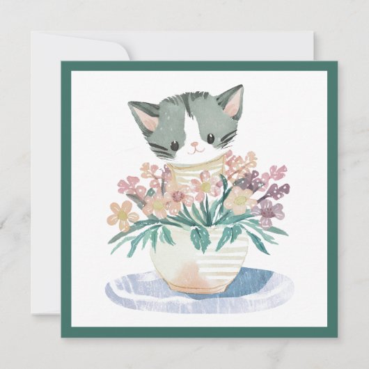 子ネコが花のポットに座って母の日の猫 カード (正面)