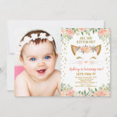 子ネコちゃん桃のクリームガールバースデーフォト 招待状 (正面)