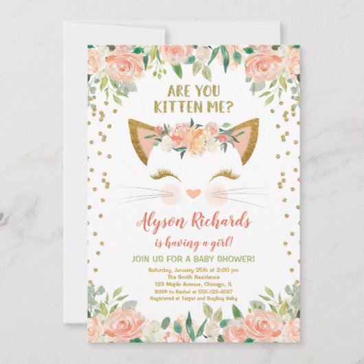 子ネコちゃん桃のクリーム女の子ベビーシャワー 招待状 (正面)