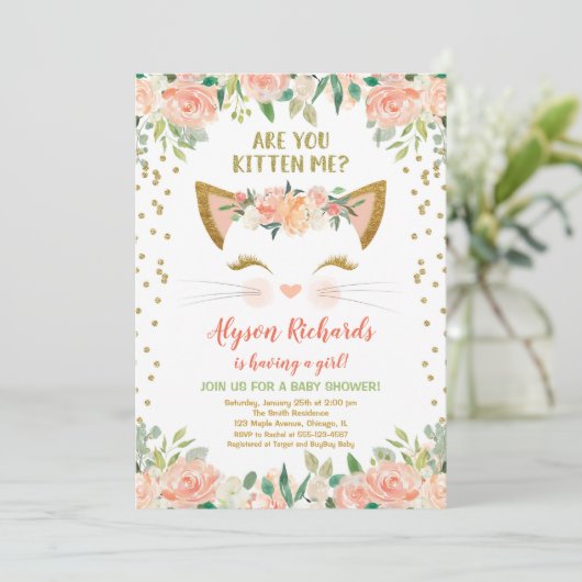 子ネコちゃん桃のクリーム女の子ベビーシャワー 招待状 (スタンド正面)