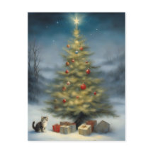 子ネコとプレゼント付き屋外クリスマスツリー