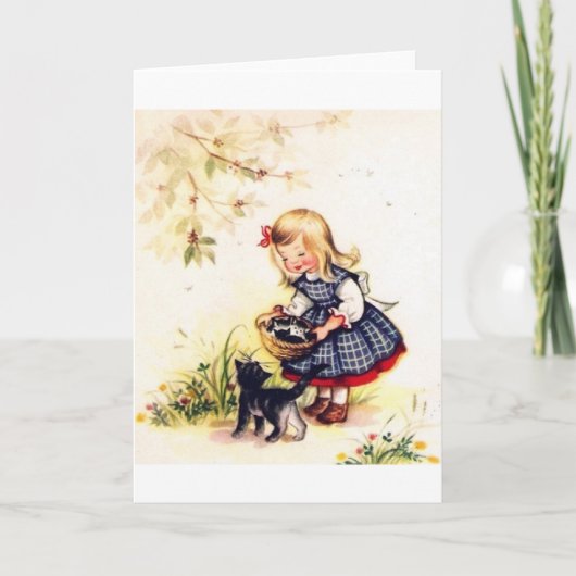 子ネコのメッセージカードのレトロのバスケット カード (正面)