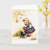 子ネコのメッセージカードのレトロのバスケット カード (黄色い花)