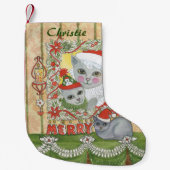 子ネコを持つヴィンテージのクリスマスのサンタ猫 スモールクリスマスストッキング (正面)