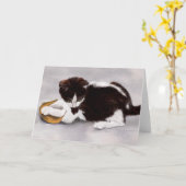 子ネコを遊ぶ葉 カード (黄色い花)