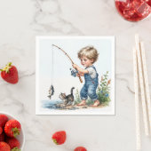 子ネコ付きリトルボーイ魚釣り スタンダードカクテルナプキン (インサイチュ)