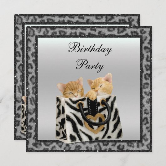 子ネコ及びヒョウのプリントの毛皮の銀の誕生会 招待状 (正面/裏面)
