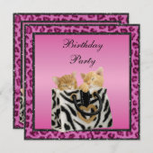 子ネコ及びピンクのヒョウのプリントの毛皮の誕生会 招待状 (正面/裏面)