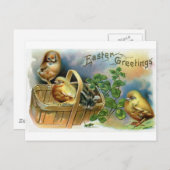 子ネコ、ひよこ及びクローバーのヴィンテージイースター シーズンポストカード (正面/裏面)