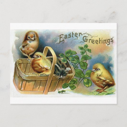 子ネコ、ひよこ及びクローバーのヴィンテージイースター シーズンポストカード (正面)